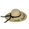 Beige woven straw sun hat with black ribbon bow and Hello Sunshine embroidery - M / Beige