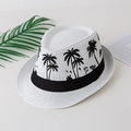 Dettaglio di un cappello di paglia bianco con stampe di palme nere e fascia decorativa - M (56-58cm) / Bianco
