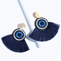 Etnische Evil Eye oorbellen in blauw en goud met borduursel en lange franjes eraan - Donkerblauw