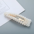 Elegant rectangle hair clip with white pearls on a gold metal base for women - Gold Hollow BB Clip (c2105)