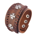 Brown wide leather bracelet with metal crosses and woven edges on a white background - Cross / Brown