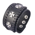 Black leather wide wristband with silver metal crosses and woven edges for men - Cross / Black