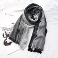 Japanese style black and gray striped scarf with fringe on a white fabric background - Solid Black