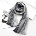 Grey and white striped linen scarf with fringed edges and Japanese minimalist style - Dark Grey
