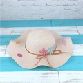 Beige wide-brim straw sun hat with wavy edges and floral ribbon bow decoration - M (56-58cm) / Light Pink