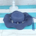 Blue wave-edged straw sun hat with decorative flowers and pearls for beach vacation - Adult M / Navy Blue