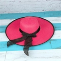 Women's rose red foldable wide brim straw sun hat with black ribbon bow decoration - M (56-58cm) / Watermelon red