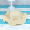 Beige wide brim straw hat with elegant lace bow and delicate floral pearl accents - Adult M / Beige