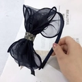 Elegant navy blue headband with a large black rhinestone mesh bow for hair styling - Mesh Navy Blue