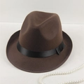 Détail du chapeau Fedora marron en laine avec ruban noir et collier de perles décoratif - 58 Taille Unique / Café (Petit Bord)