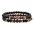 Set of two matte black beads and brown tiger eye distance bracelets with gold zircon ball - Tiger Eye Style(NSB00350A)