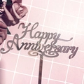 Mirror acrylic Happy Anniversary cake topper on pink grid with decorative roses - Style 397 Individual Prong Rose Gold