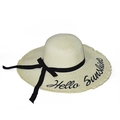Beige wide brim straw sun hat with Hello Sunshine embroidery and black bow accent - M / Off White