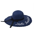 Women's dark blue woven straw sun hat with Hello Sunshine embroidery and black bow - M / Dark Blue