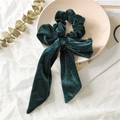 Dark green velvet bow scrunchie with soft ribbon design for elegant hair styling - Dark Green