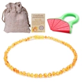 Baltic amber baby necklace set with authenticity certificate and a linen storage pouch - GB Golden Amber Set (Teether + Bag + Certificate)