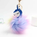 Colorful unicorn keychain with blue sequins and rainbow faux fur pom pom on gold ring - 12*8cm / Blue