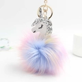 Rainbow fluffy unicorn keychain with golden metal ring and silver glitter mane on white back - 12*8cm / Silver