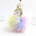 Rainbow fluffy unicorn keychain with golden horn and metal clip for bags and car keys - 12*8cm / Gold