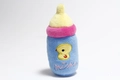 Detail of plush baby bottle toy with colorful fabric and Meissa chick embroidery - Chick Feeding Bottle