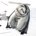 Black and white striped cotton linen scarf with fringe edges in a white display tray - White