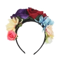 Close-up of vibrant artificial roses and dahlias on a stylish floral headband - Purple/Red