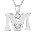 Silver letter M pendant necklace with sparkling zircon crystals and delicate fine chain - Silver-M
