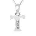 Polished silver letter T pendant necklace with four sparkling cubic zirconia stones - Silver-T