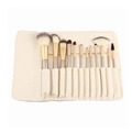12-piece beige makeup brush set with wooden handles and matching PU leather storage bag - 12 Pcs Beige With Bag