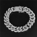 Silver 13mm Cuban link bracelet with sparkling rhinestones and square clasp detail - 25cm Silver