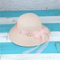 Pink straw sun hat with lace bow and pearl floral decoration for a sweet summer look - Light Pink