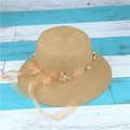 Summer foldable sun hat in light brown straw with lace flower and pearl accents - Khaki