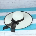 Summer wide brim straw sun hat in creamy white with black trim and a chiffon bow - M (56-58cm) / Creamy White
