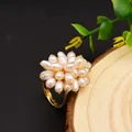 925 silver open ring with handcrafted cluster of white freshwater pearls on golden wire - Adjustable Open / White