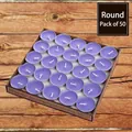 Box of 50 purple circular paraffin tea lights with 2-hour burn time on wooden table - Purple