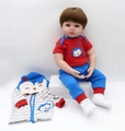 Realistic reborn baby boy doll wearing red top, blue pants, and striped monkey hoodie - Cyan Monkey