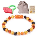 Multicolor Baltic amber baby teething bracelet with watermelon teether and linen pouch - Multicolor Amber