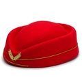 Elegant red flight attendant uniform beret with gold embroidery and metal badge insignia - Red