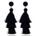 Detail view of elegant three-tier black fringe tassel earrings with black gemstones - Black