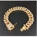 13mm gold plated Cuban link bracelet with clear crystals on a dark background - 25cm Gold