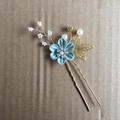 Golden bridal hair pin with blue fabric flower, rhinestones, and white pearls - 1-Flower Hairpin / Green