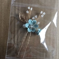 Blue fabric flower hair pin with pearls and rhinestones on gold bridal hair fork - 2-Flower Hairpin / Green