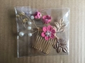 Pink fabric flowers hair comb with white pearls and gold metal leaves on cardboard - 3-Flower Hair Comb / Rose Red