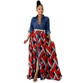 Damen Denim Patchwork Maxikleid mit geometrischem Print-Rock und geknöpftem Reverskragen - M / Rot