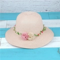 Pink straw sun hat for women with wide brim and decorative floral leaf wreath crown - M (56-58cm) / Light Pink