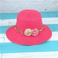 Pink wide brim straw sun hat with floral vine decoration for summer beach vacations - M (56-58cm) / Watermelon red