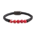Pulsera trenzada de cuero negro para hombre con cuentas de piedra roja y cierre magnético - Rojo