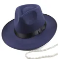 Chapeau fedora en laine bleu marine à large bord avec ruban de satin noir élégant - 58 Taille Unique / Bleu Marine (Calotte Haute)