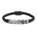 Close-up of black braided leather bracelet with marble pattern beads and magnetic clasp - Leather/Synthetic Stone/Stainless Steel / Black Marble Pattern (9)