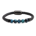 Men's braided leather bracelet with 8mm blue tiger eye beads and magnetic clasp - Leather/Synthetic Stone/Stainless Steel / Peacock Blue Beads